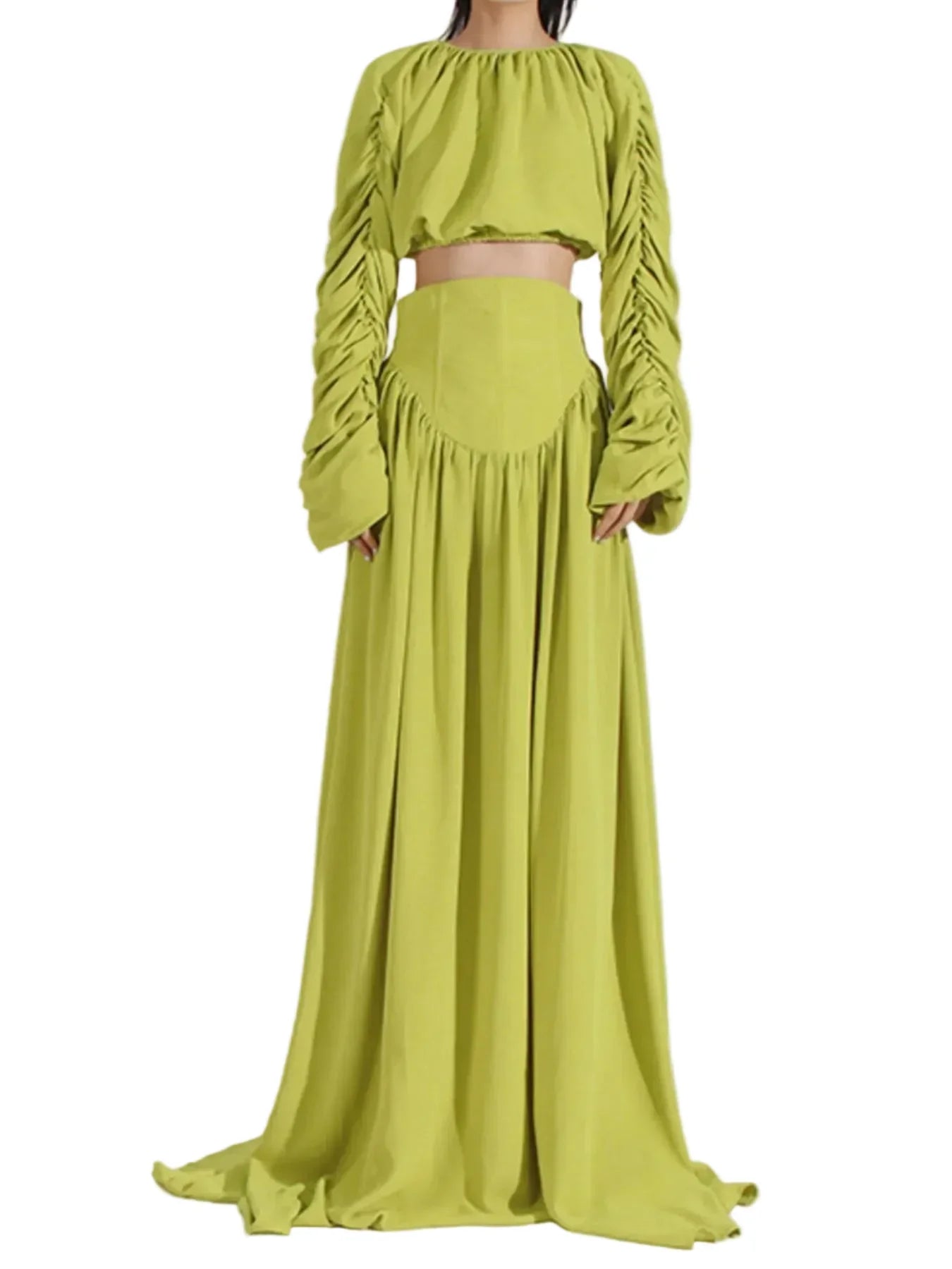 lantern sleeve corset dress Stand-Collar Lantern-Sleeve Corset-Pleat Maxi Dress Ivory Oat / M