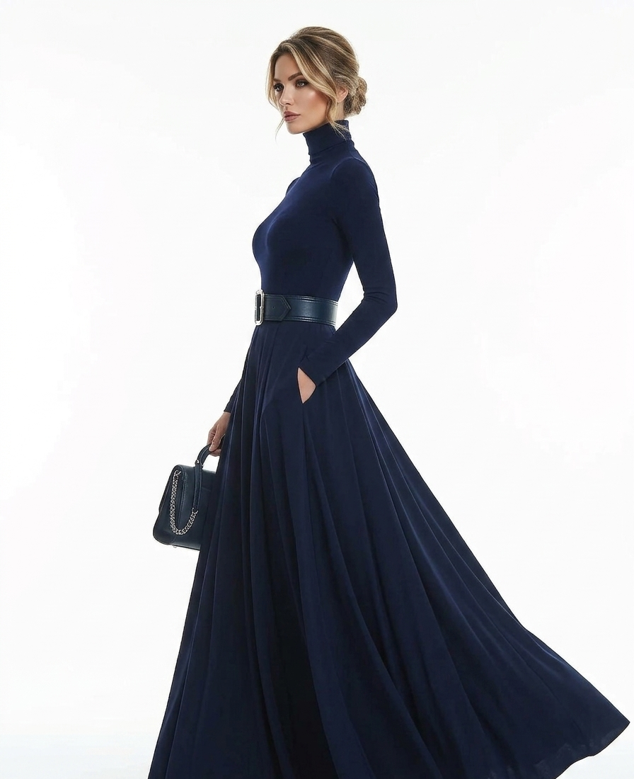 Midnight Elegance: High-Neck Sculpted Maxi Dress with Belted Waist - Navy Luxe