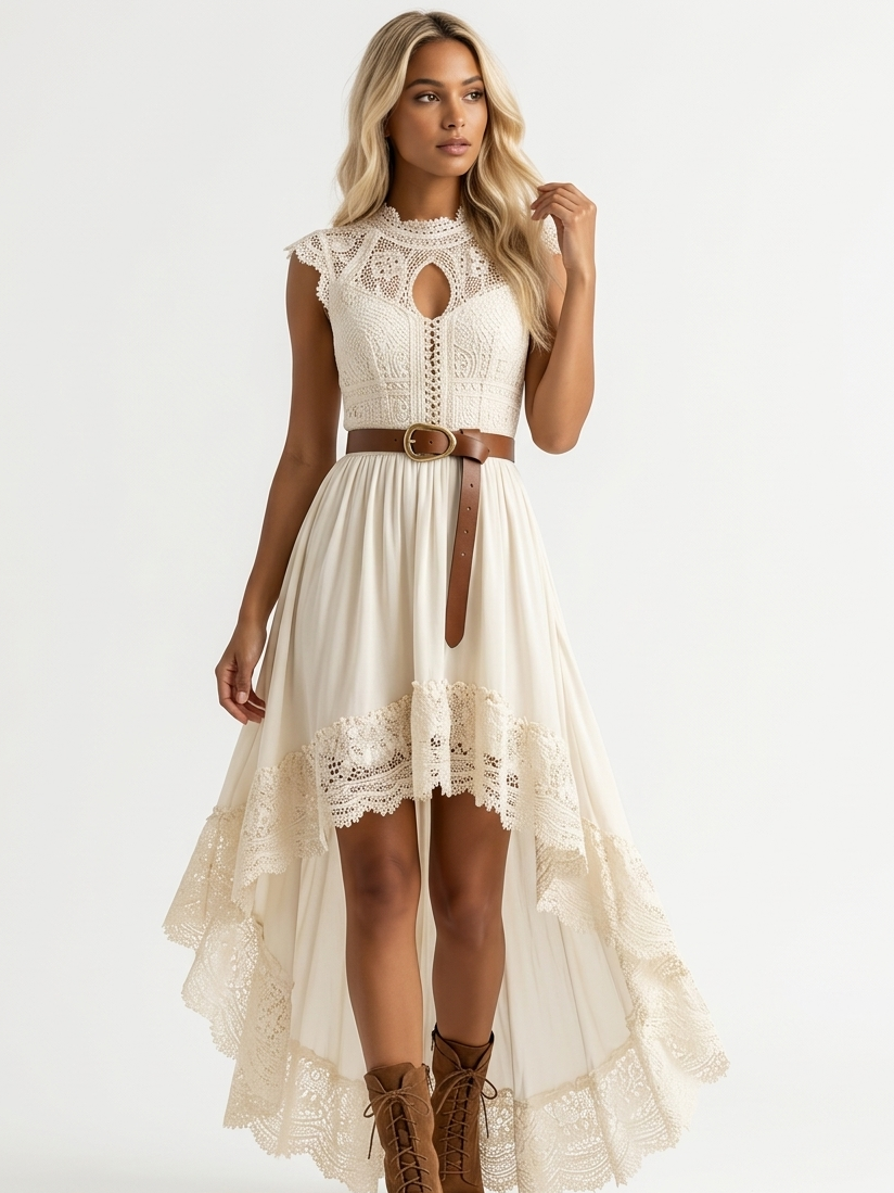 Ethereal Romance: Vintage Lace Boho High-Low Maxi Dress - Ivory Dreams