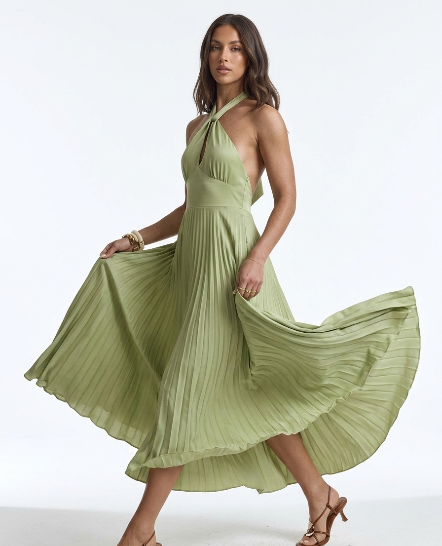 Serene Sage: Pleated Halter Neck Maxi Dress - Elegant Backless Flowing Silhouette