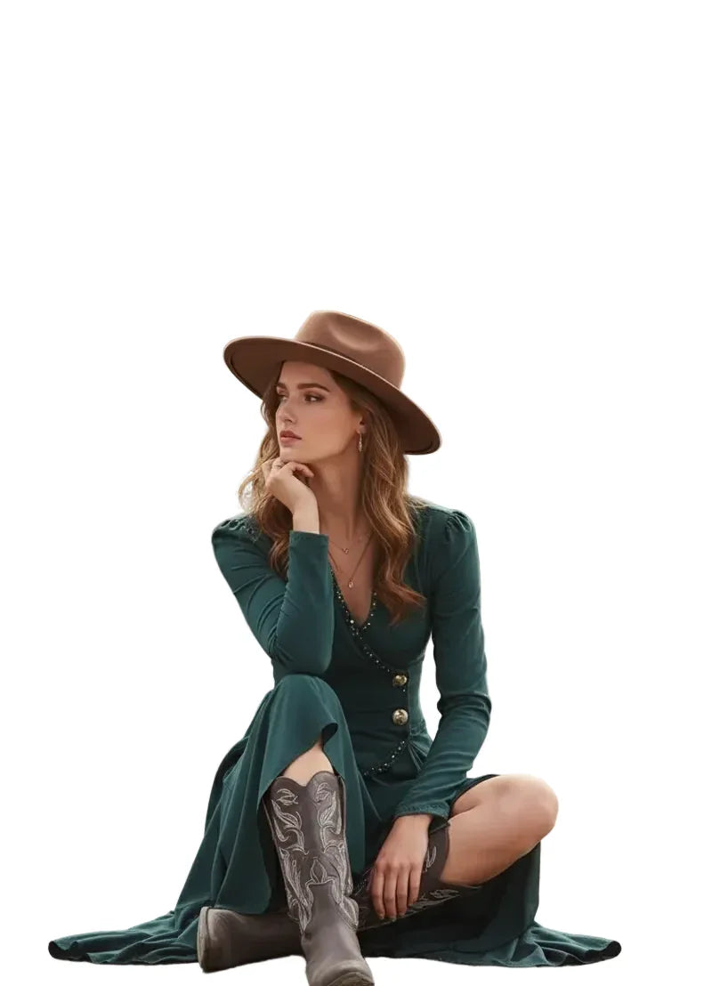 The Emerald Nomad | Premium Western-Luxe Asymmetric Boho-Chic Maxi Dress
