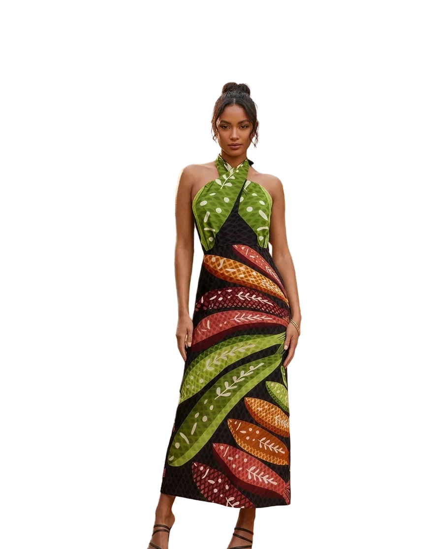 The Gaia Halter Maxi – Emerald & Earth-Tone Botanical Boho-Luxe Dress