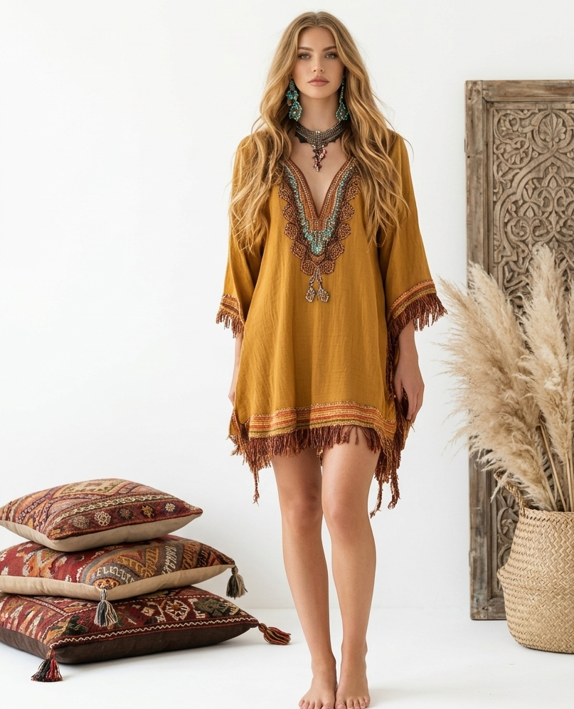 The Sahara Embroidered Tunic – Golden Ochre Boho-Luxe Mini with Hand-Finished Fringes