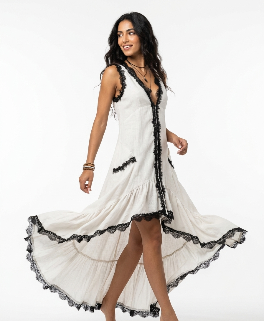 Monochrome Boho Maxi Dress | White Linen with Black Crochet Lace Trim