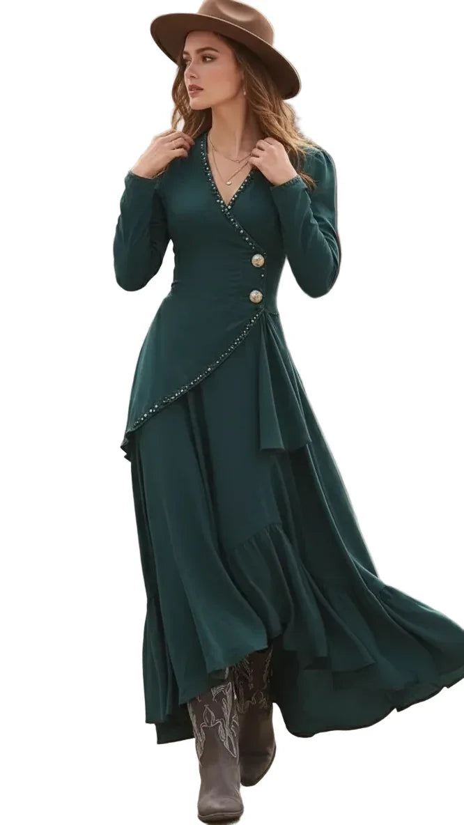 The Emerald Nomad | Premium Western-Luxe Asymmetric Boho-Chic Maxi Dress