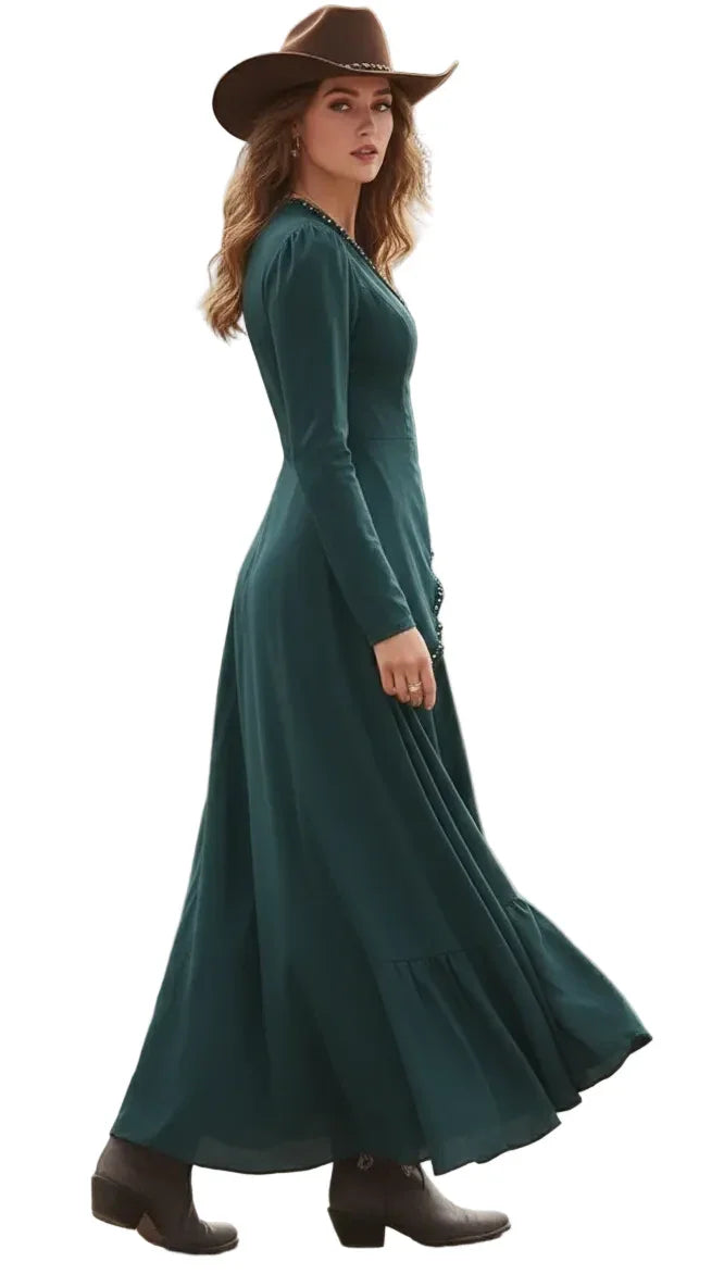 The Emerald Nomad | Premium Western-Luxe Asymmetric Boho-Chic Maxi Dress
