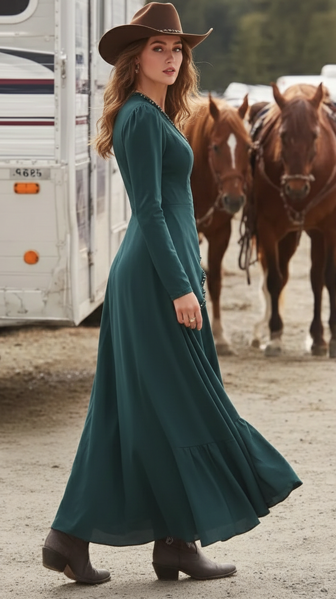 The Emerald Nomad | Premium Western-Luxe Asymmetric Boho-Chic Maxi Dress
