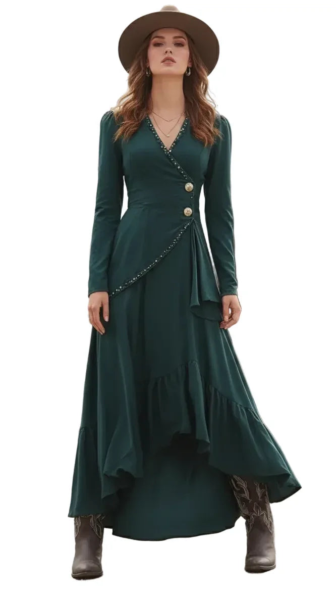 The Emerald Nomad | Premium Western-Luxe Asymmetric Boho-Chic Maxi Dress