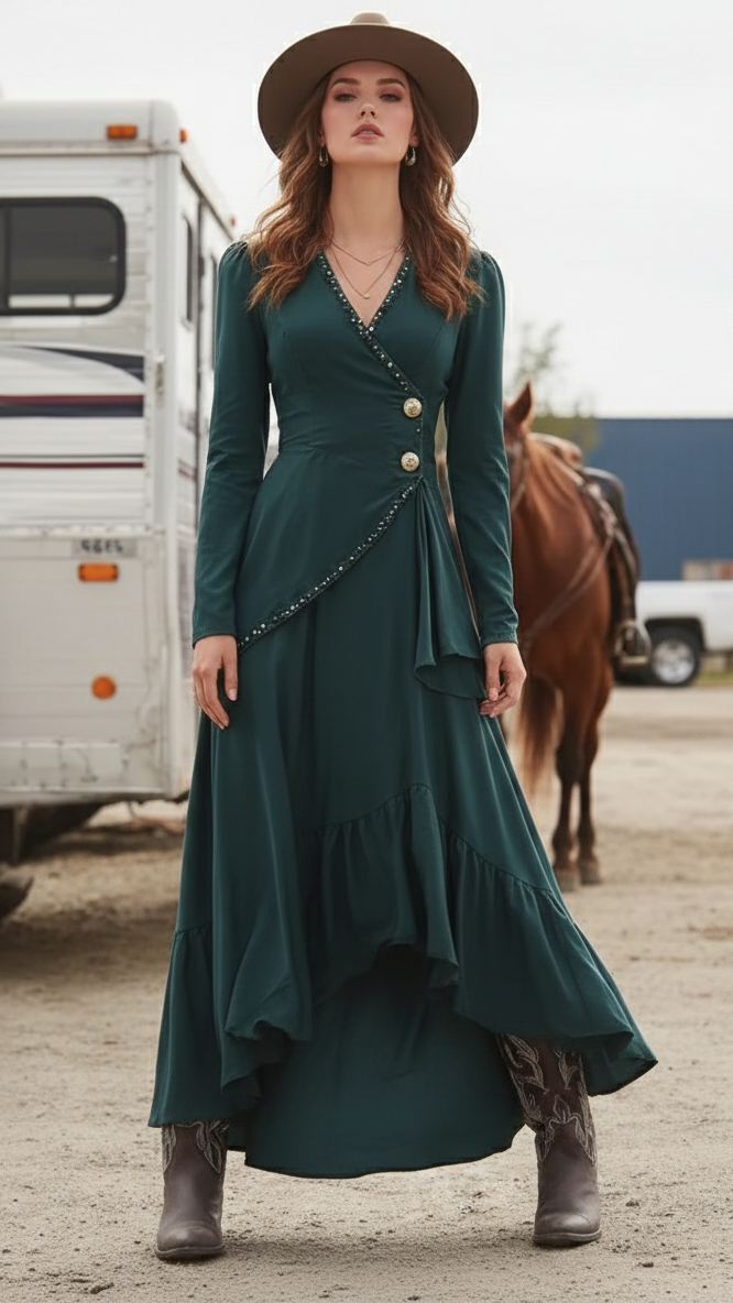 The Emerald Nomad | Premium Western-Luxe Asymmetric Boho-Chic Maxi Dress