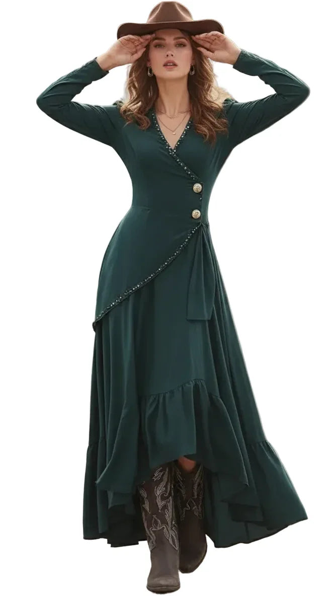The Emerald Nomad | Premium Western-Luxe Asymmetric Boho-Chic Maxi Dress