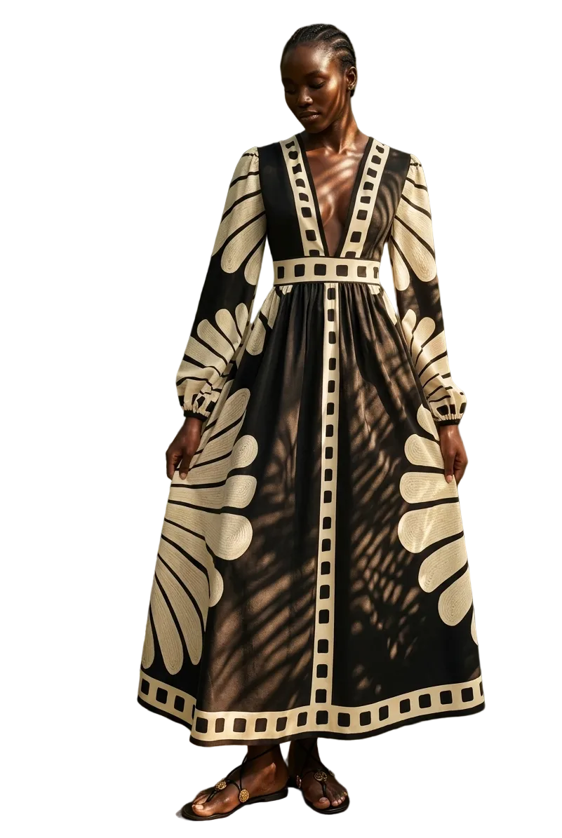 The Monarch Embroidered Maxi – Black & Ivory Artisan Boho-Luxe Gown