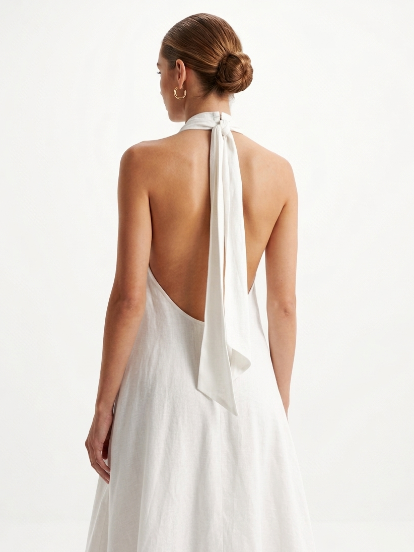 Ethereal Ivory Linen-Blend Halter Maxi Dress