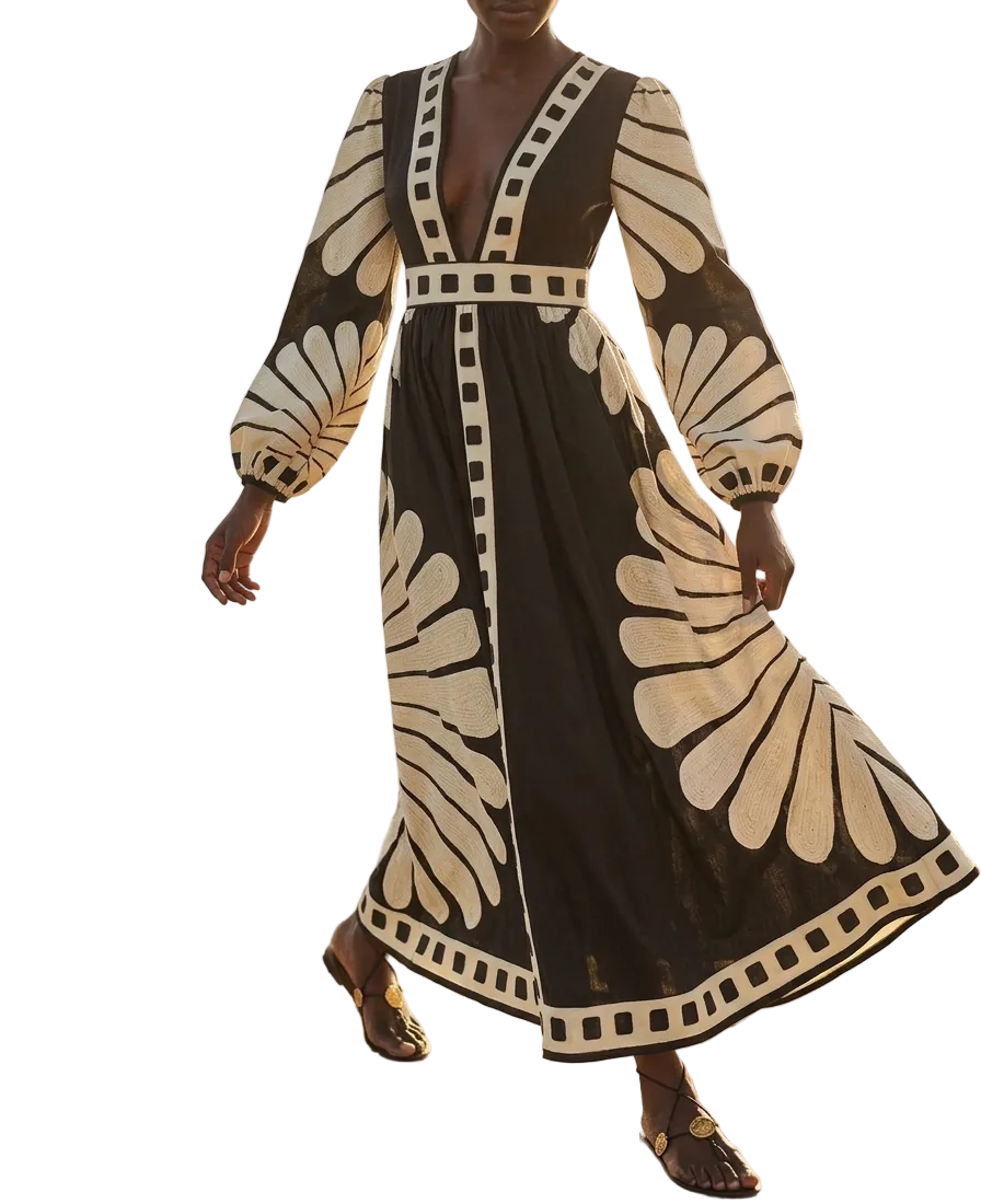 The Monarch Embroidered Maxi – Black & Ivory Artisan Boho-Luxe Gown