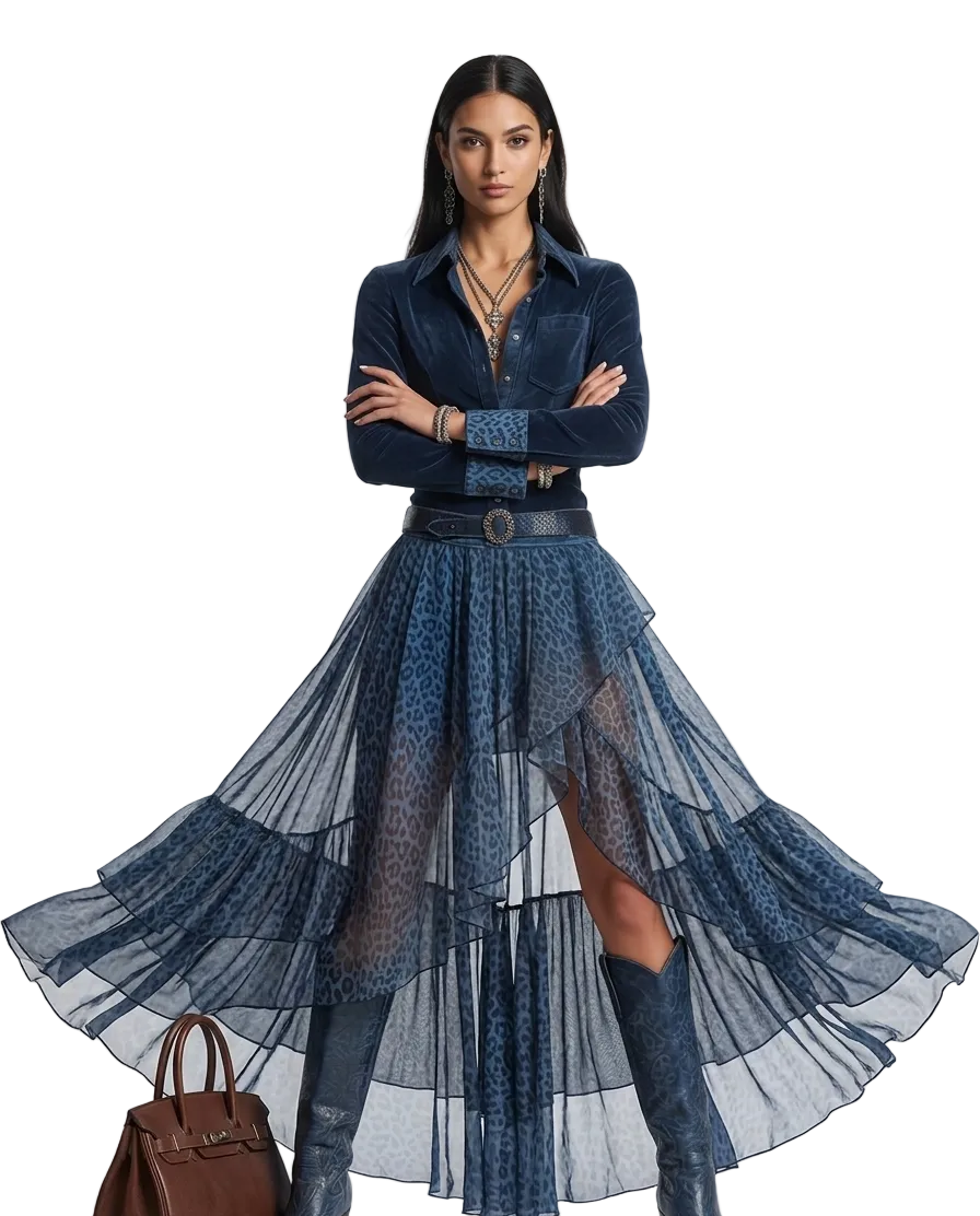 Midnight Leopard | Luxe Sapphire Silk Boho-Chic Set with Asymmetric Ruffled Skirt