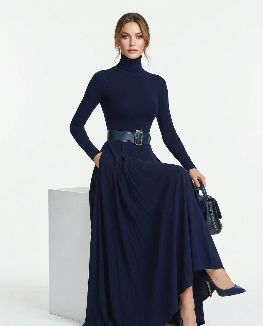 Midnight Elegance: High-Neck Sculpted Maxi Dress with Belted Waist - Navy Luxe
