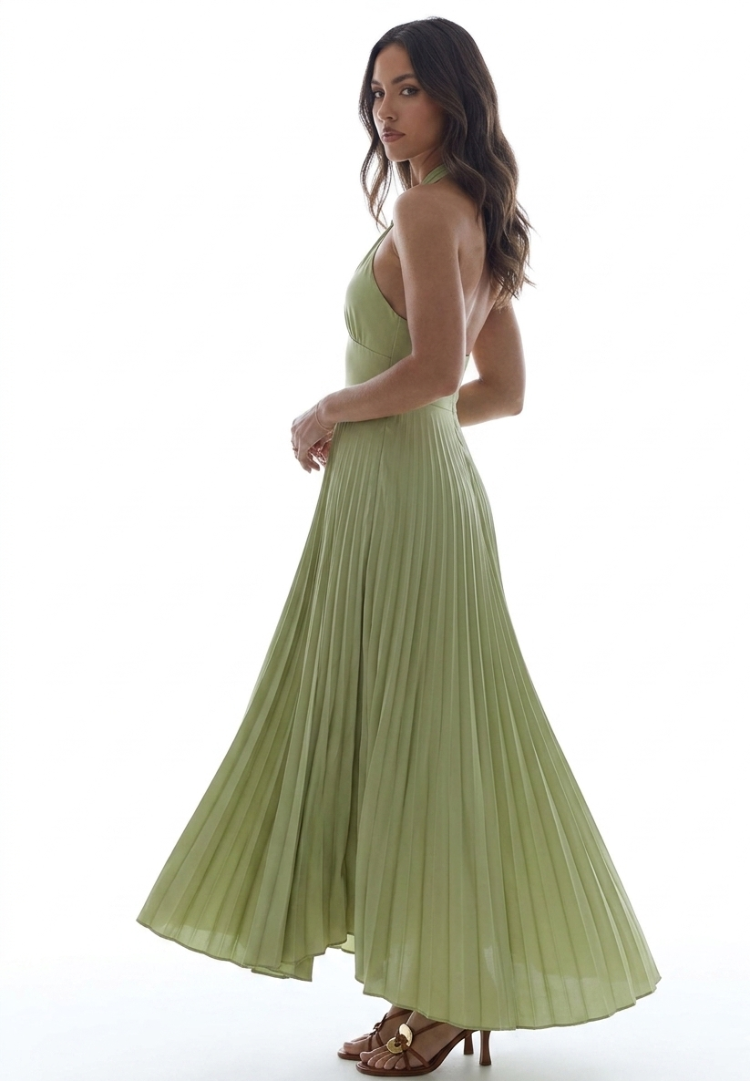 Serene Sage: Pleated Halter Neck Maxi Dress - Elegant Backless Flowing Silhouette