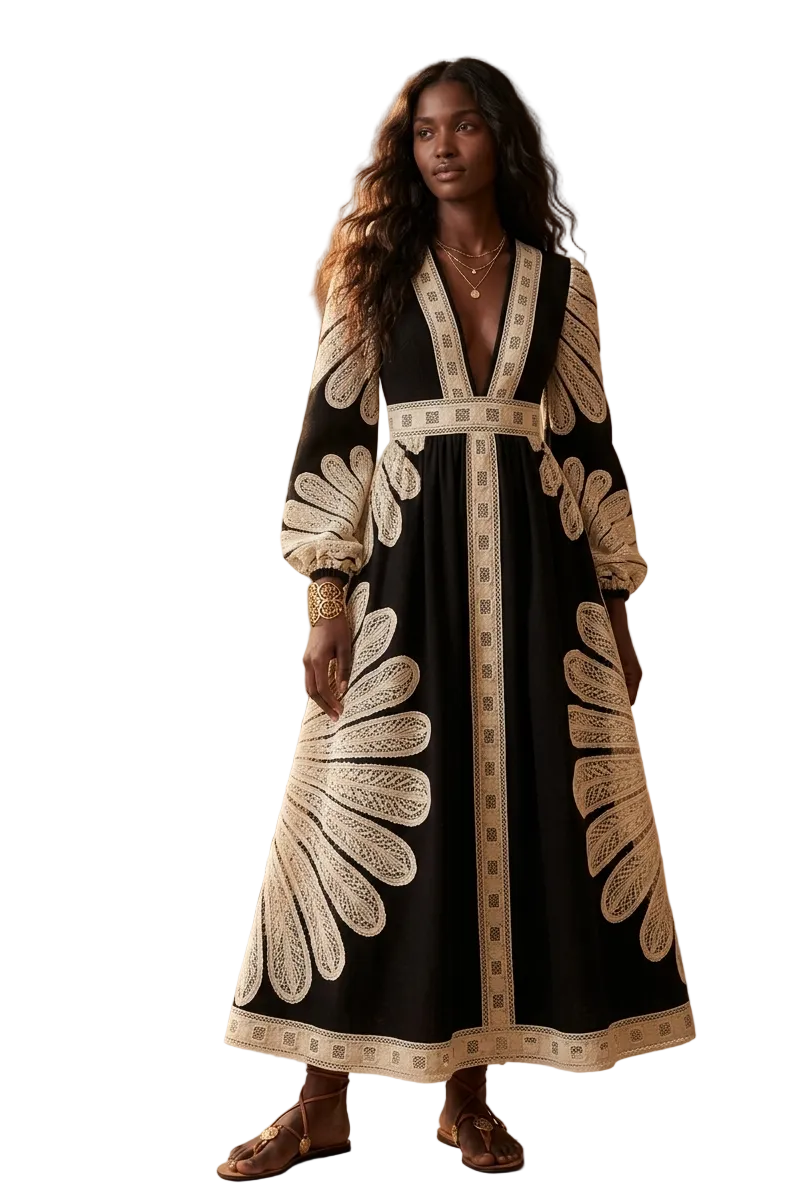 The Monarch Embroidered Maxi – Black & Ivory Artisan Boho-Luxe Gown