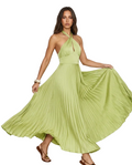 Serene Sage: Pleated Halter Neck Maxi Dress - Elegant Backless Flowing Silhouette