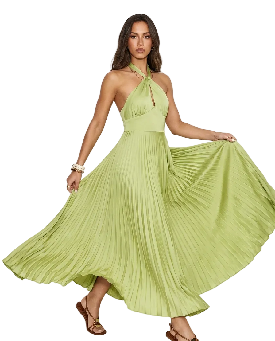 Serene Sage: Pleated Halter Neck Maxi Dress - Elegant Backless Flowing Silhouette