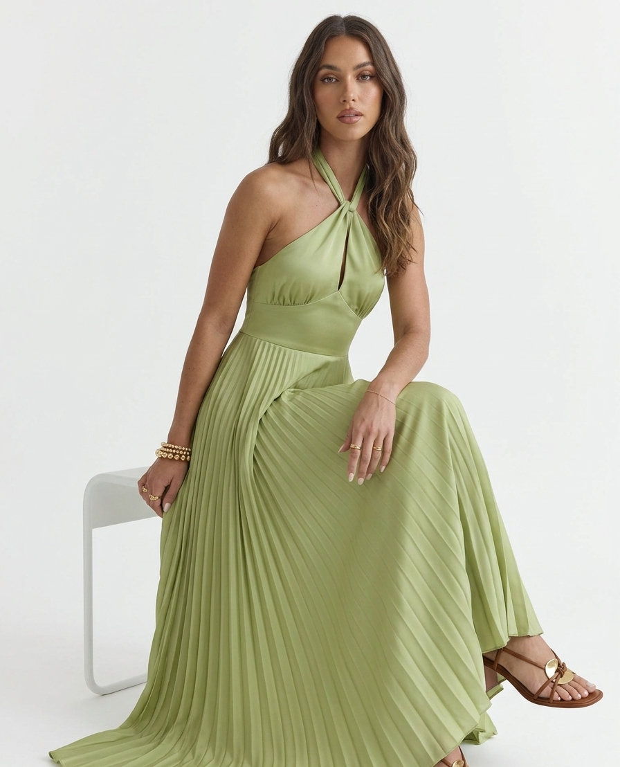 Serene Sage: Pleated Halter Neck Maxi Dress - Elegant Backless Flowing Silhouette