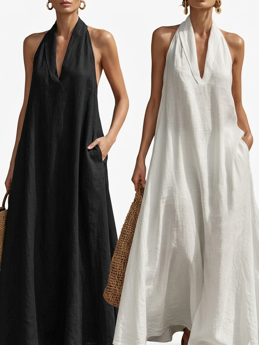 Ethereal Ivory Linen-Blend Halter Maxi Dress