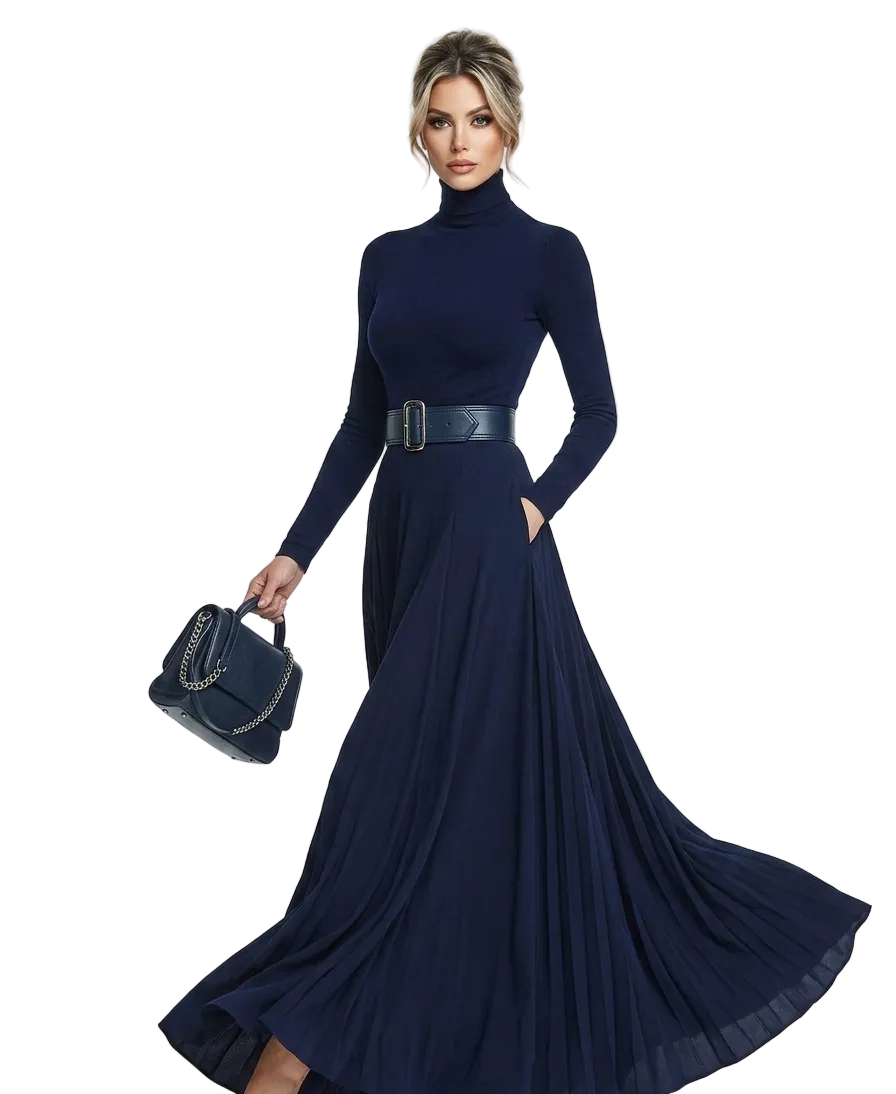 Midnight Elegance: High-Neck Sculpted Maxi Dress with Belted Waist - Navy Luxe