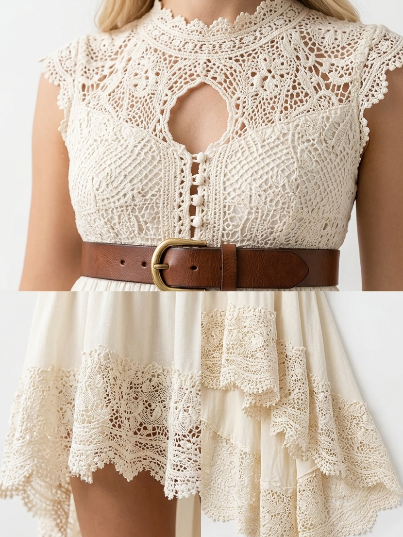 Ethereal Romance: Vintage Lace Boho High-Low Maxi Dress - Ivory Dreams